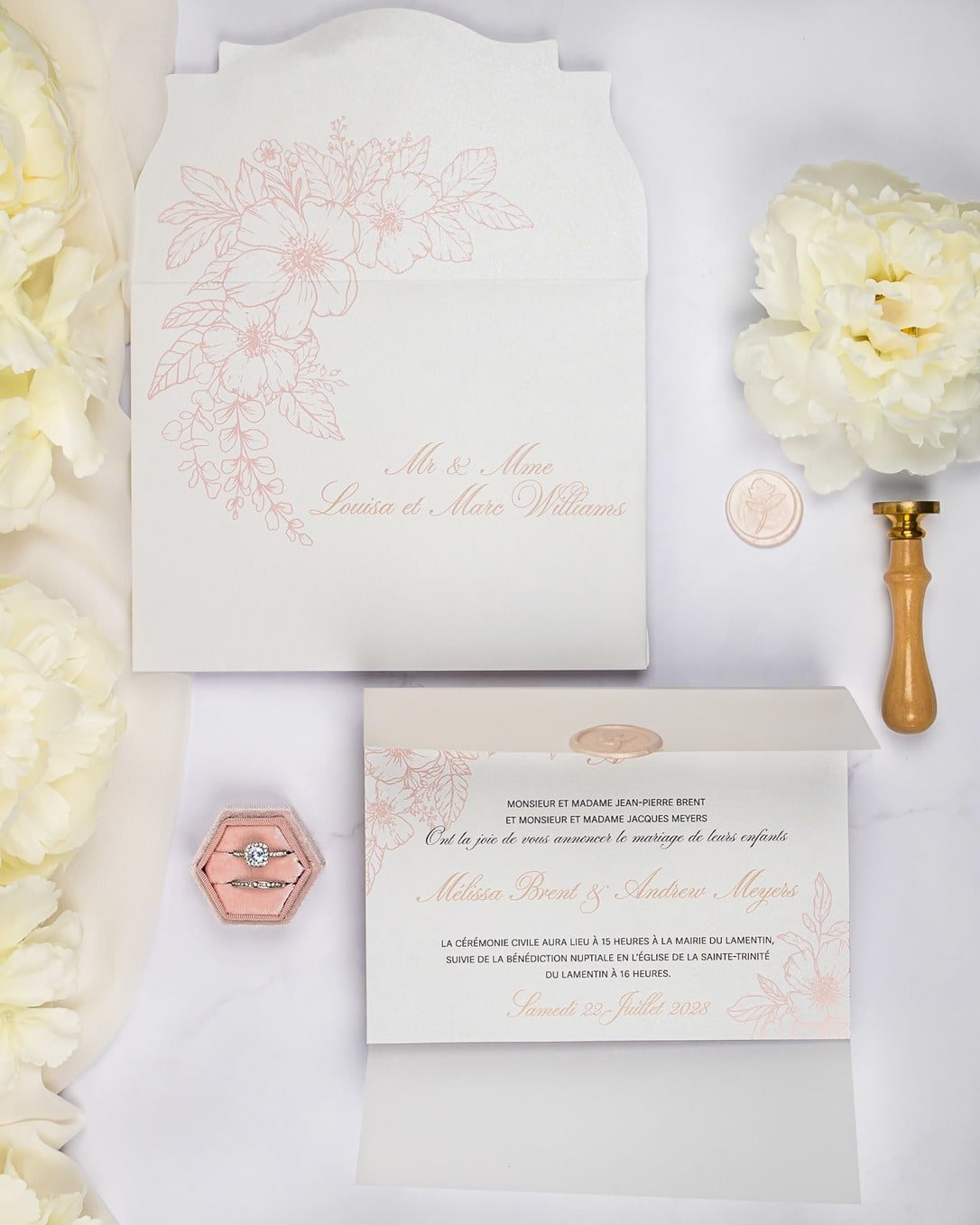 "Parme" - Faire-part de mariage fleuris élégant et romantique avec dorure or et wax seal – Wedding stationery - Création Luxe Carterie Studio
