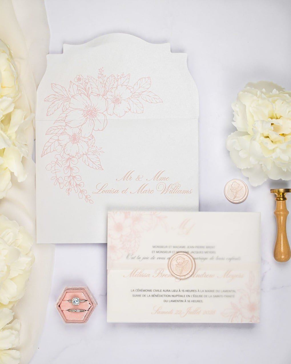 "Parme" - Faire-part de mariage fleuris élégant et romantique avec dorure or et wax seal – Wedding stationery - Création Luxe Carterie Studio
