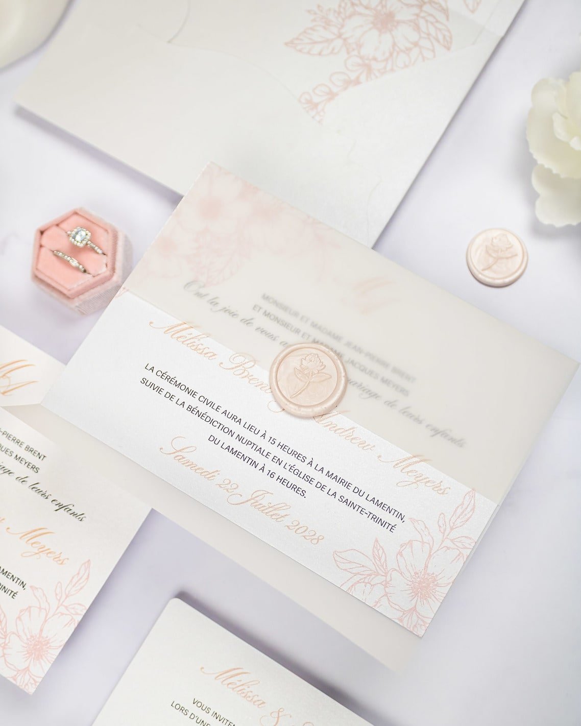 "Parme" - Faire-part de mariage fleuris élégant et romantique avec dorure or et wax seal – Wedding stationery - Création Luxe Carterie Studio