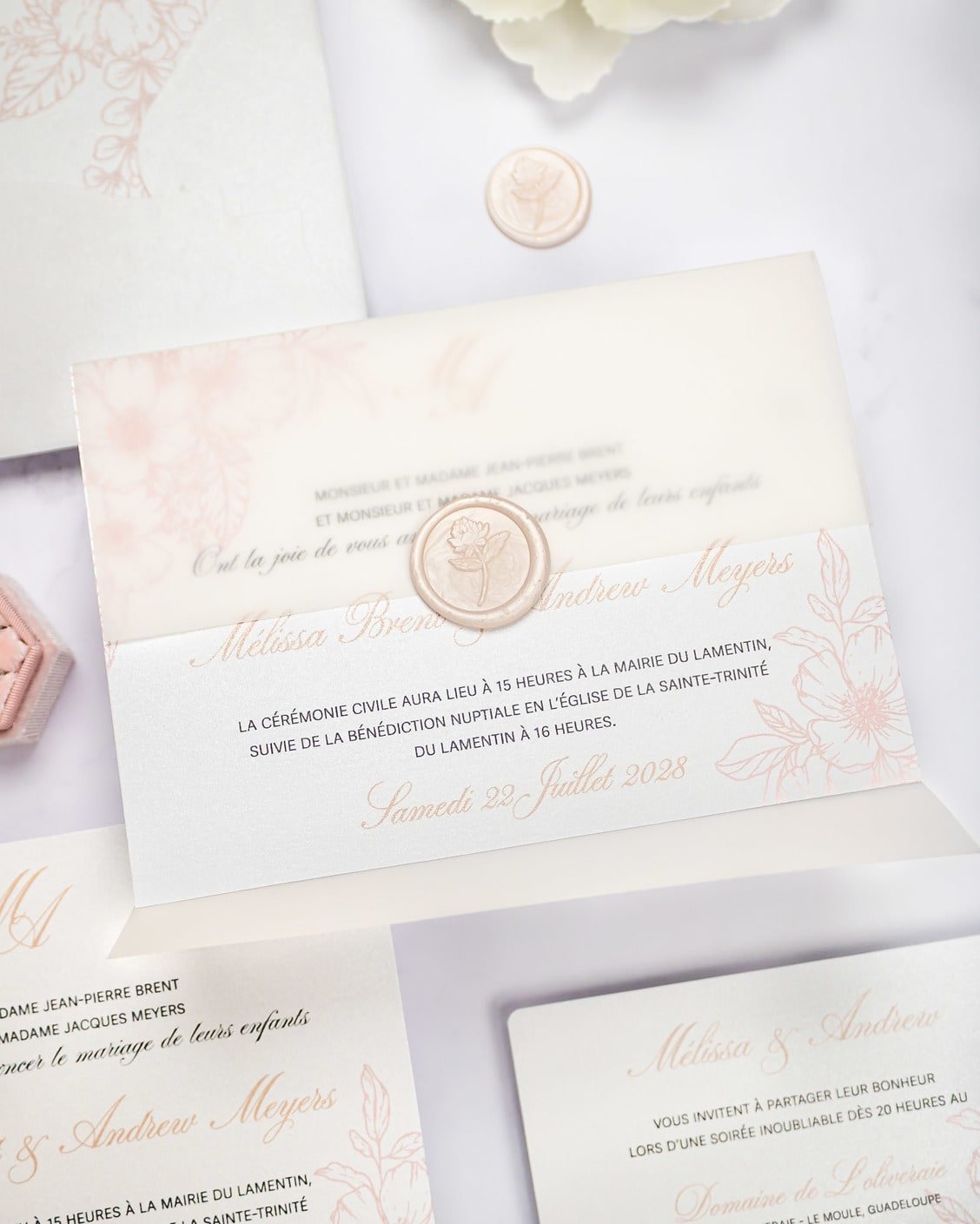 "Parme" - Faire-part de mariage fleuris élégant et romantique avec dorure or et wax seal – Wedding stationery - Création Luxe Carterie Studio