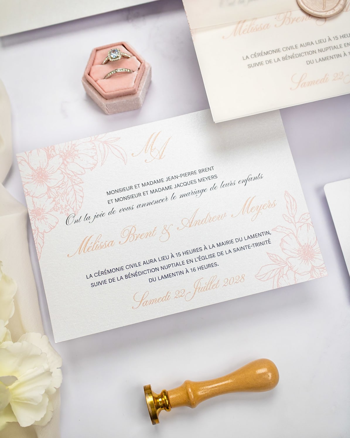 "Parme" - Faire-part de mariage fleuris élégant et romantique avec dorure or et wax seal – Wedding stationery - Création Luxe Carterie Studio