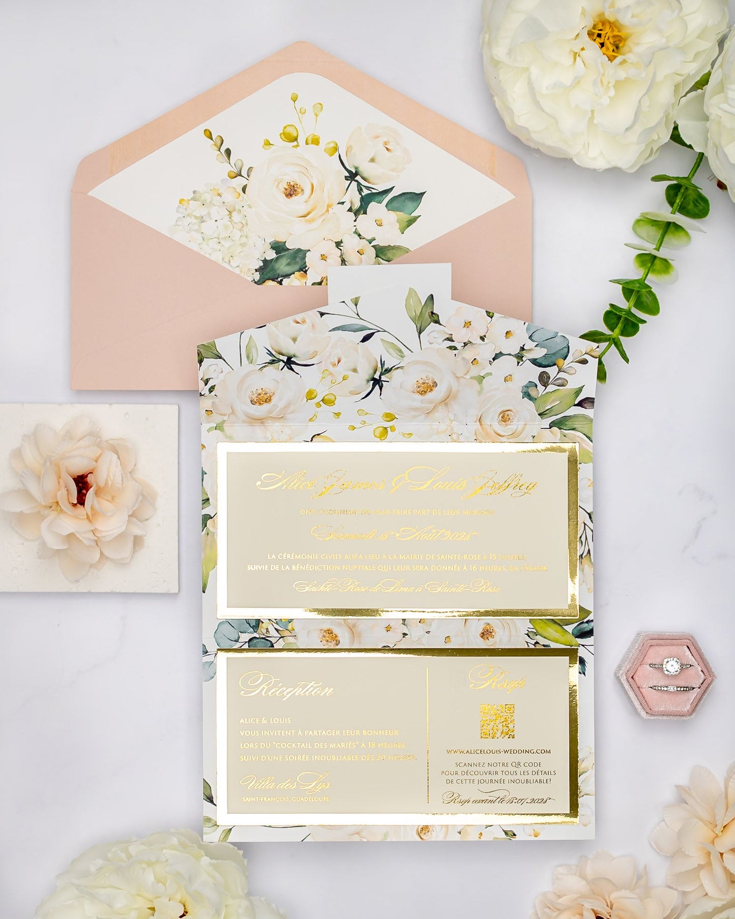 "Polly" - Faire-part de mariage fleuris élégant et romantique avec dorure or - Wedding stationery - Création Luxe Carterie Studio