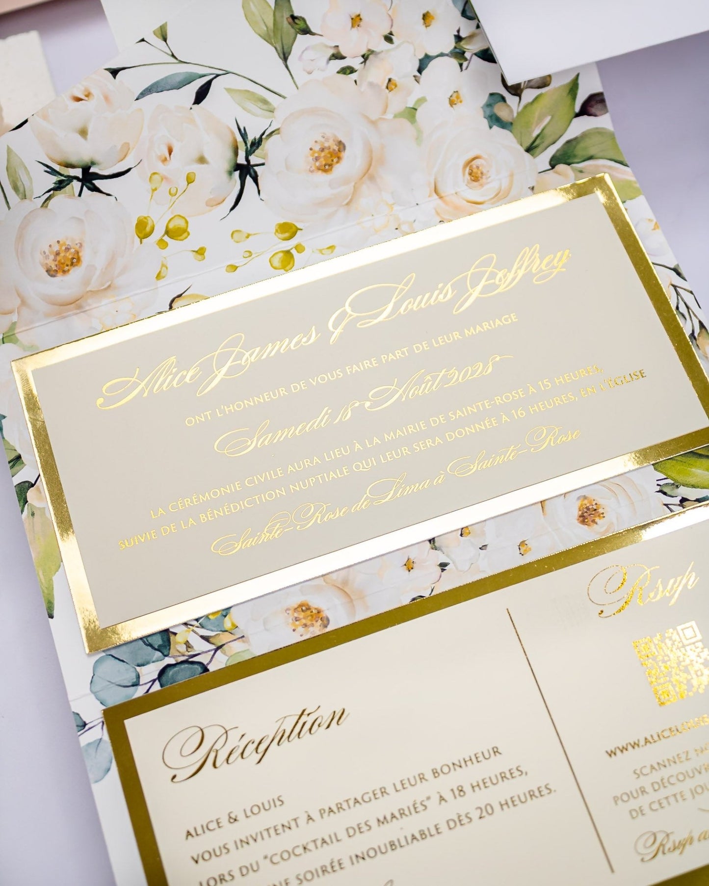 "Polly" - Faire-part de mariage fleuris élégant et romantique avec dorure or - Wedding stationery - Création Luxe Carterie Studio
