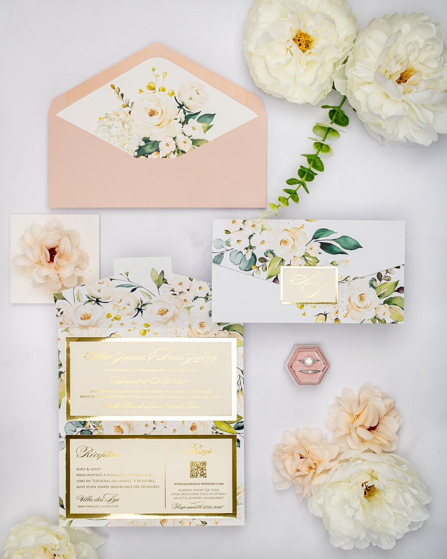 "Polly" - Faire-part de mariage fleuris élégant et romantique avec dorure or - Wedding stationery - Création Luxe Carterie Studio