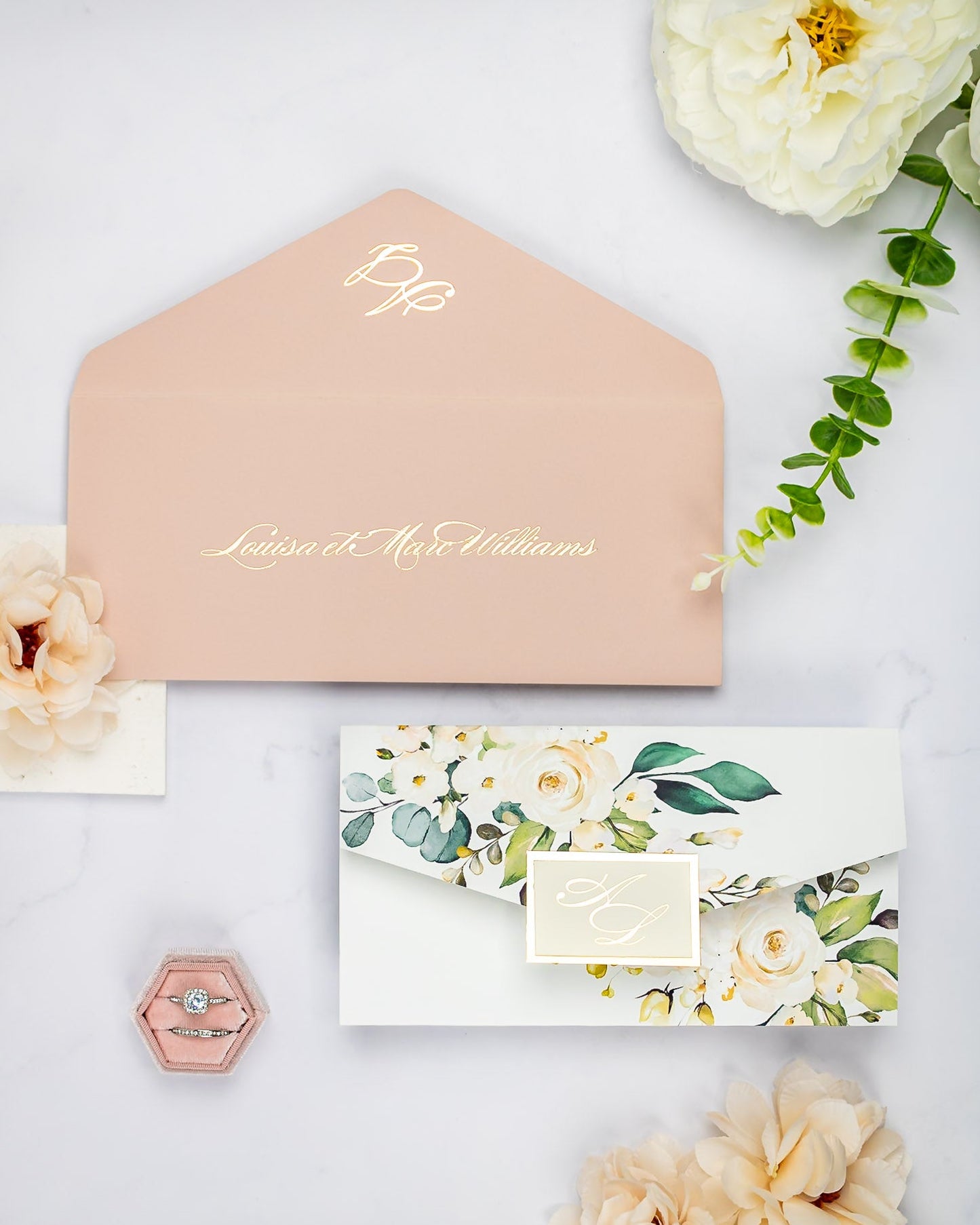 "Polly" - Faire-part de mariage fleuris élégant et romantique avec dorure or - Wedding stationery - Création Luxe Carterie Studio
