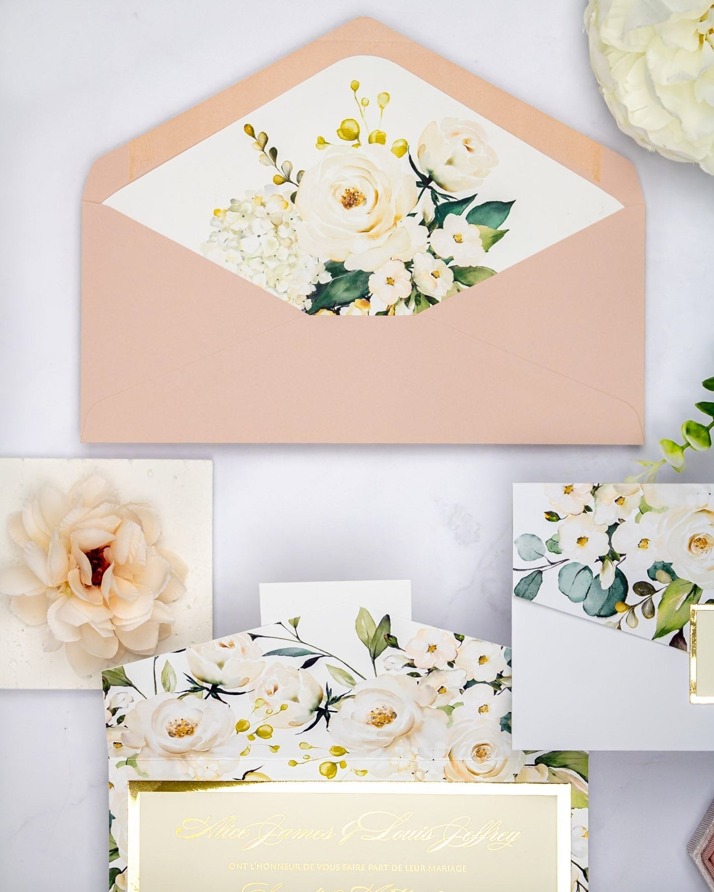 "Polly" - Faire-part de mariage fleuris élégant et romantique avec dorure or - Wedding stationery - Création Luxe Carterie Studio