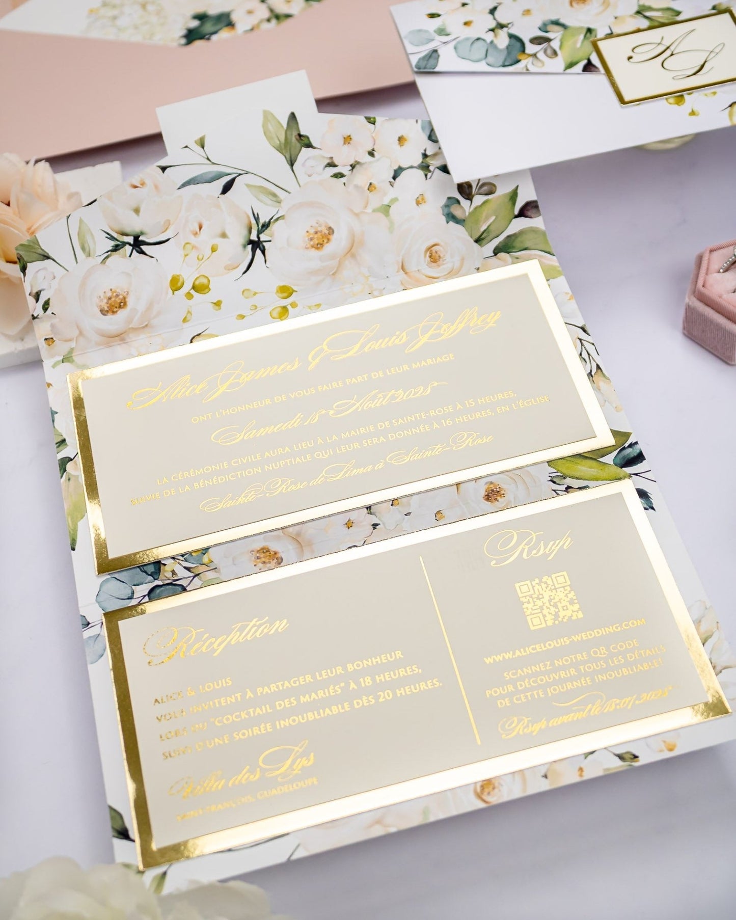 "Polly" - Faire-part de mariage fleuris élégant et romantique avec dorure or - Wedding stationery - Création Luxe Carterie Studio