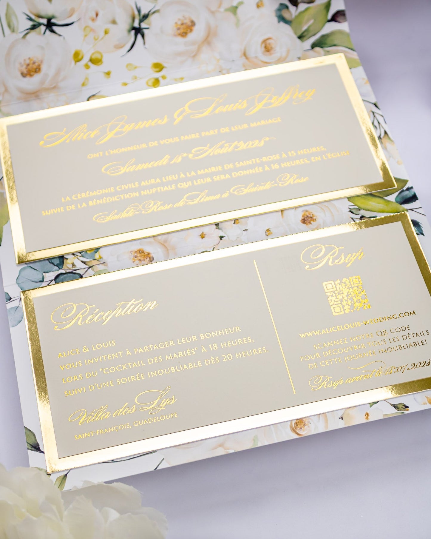 "Polly" - Faire-part de mariage fleuris élégant et romantique avec dorure or - Wedding stationery - Création Luxe Carterie Studio