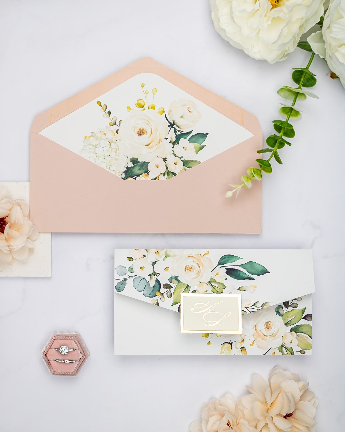 "Polly" - Faire-part de mariage fleuris élégant et romantique avec dorure or - Wedding stationery - Création Luxe Carterie Studio