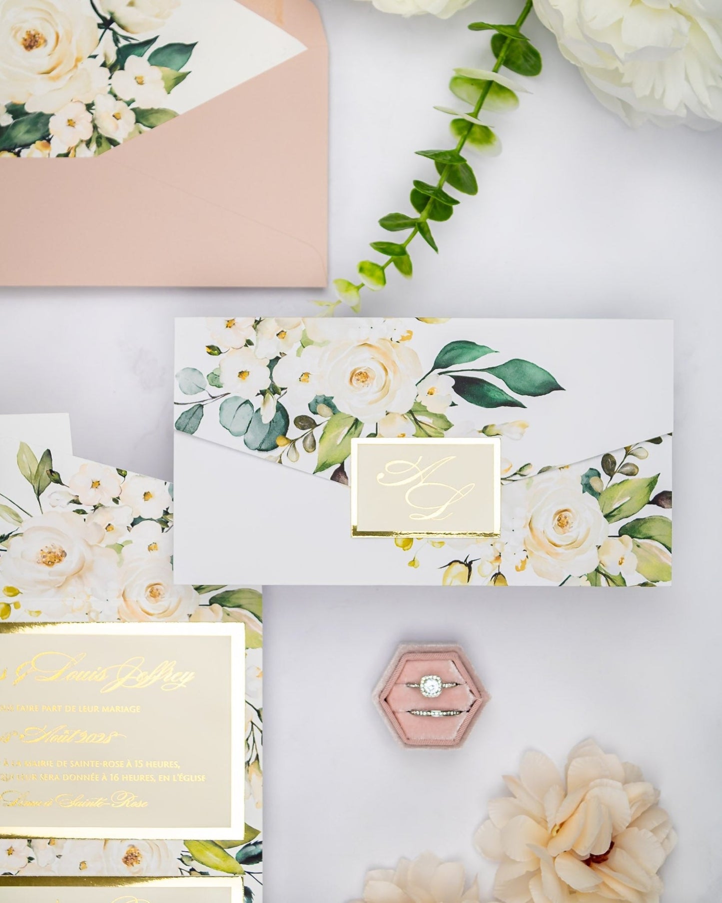 "Polly" - Faire-part de mariage fleuris élégant et romantique avec dorure or - Wedding stationery - Création Luxe Carterie Studio