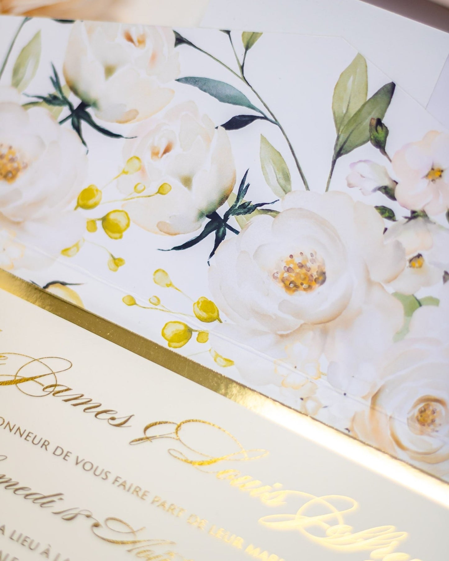"Polly" - Faire-part de mariage fleuris élégant et romantique avec dorure or - Wedding stationery - Création Luxe Carterie Studio