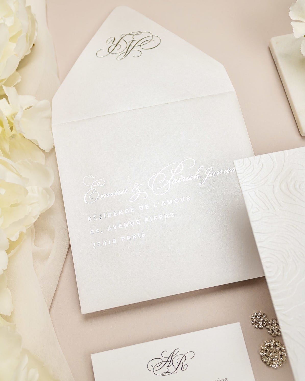 "Rosalie" - Faire-part de mariage luxueux, chic et élégant avec dorure argent – Wedding stationery - Création Luxe Carterie Studio