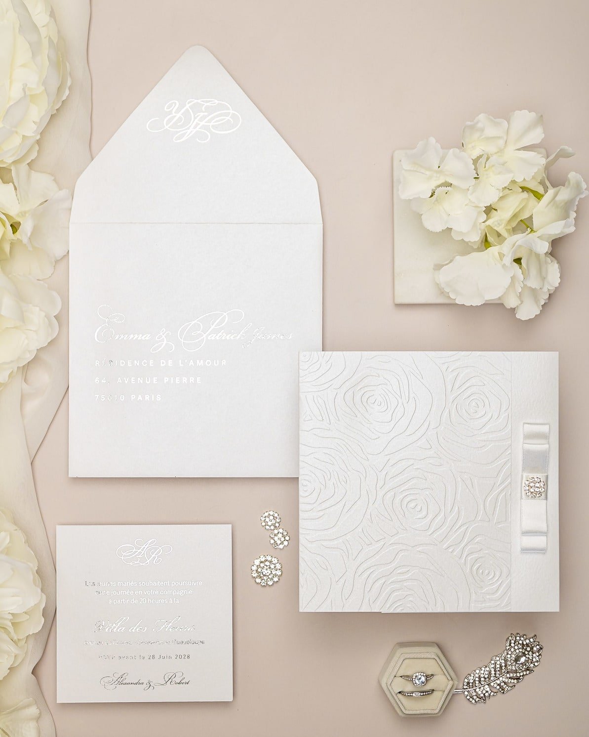 "Rosalie" - Faire-part de mariage luxueux, chic et élégant avec dorure argent – Wedding stationery - Création Luxe Carterie Studio
