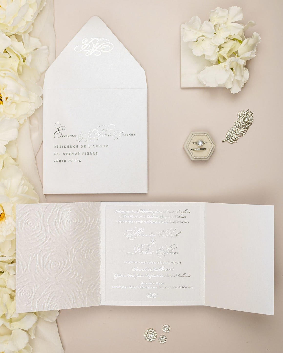 "Rosalie" - Faire-part de mariage luxueux, chic et élégant avec dorure argent – Wedding stationery - Création Luxe Carterie Studio