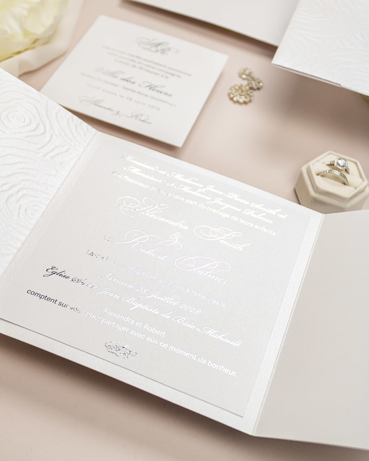 "Rosalie" - Faire-part de mariage luxueux, chic et élégant avec dorure argent – Wedding stationery - Création Luxe Carterie Studio