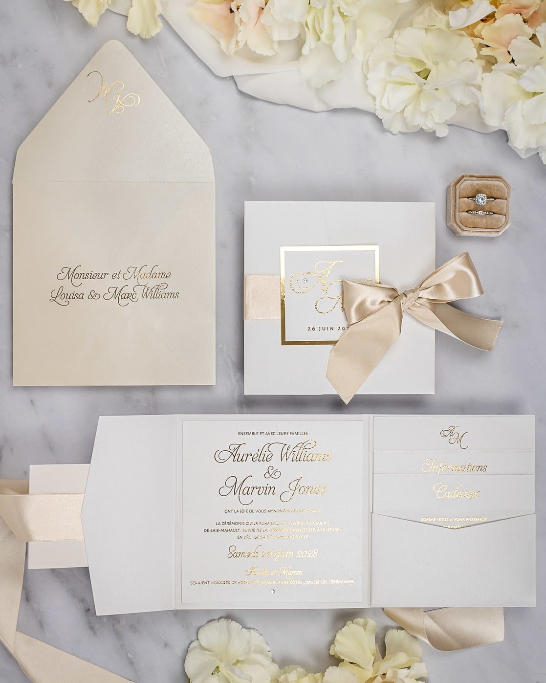 "Sarah" - Faire-part de mariage chic, élégant et romantique avec dorure or - Wedding stationery - Création Luxe Carterie Studio