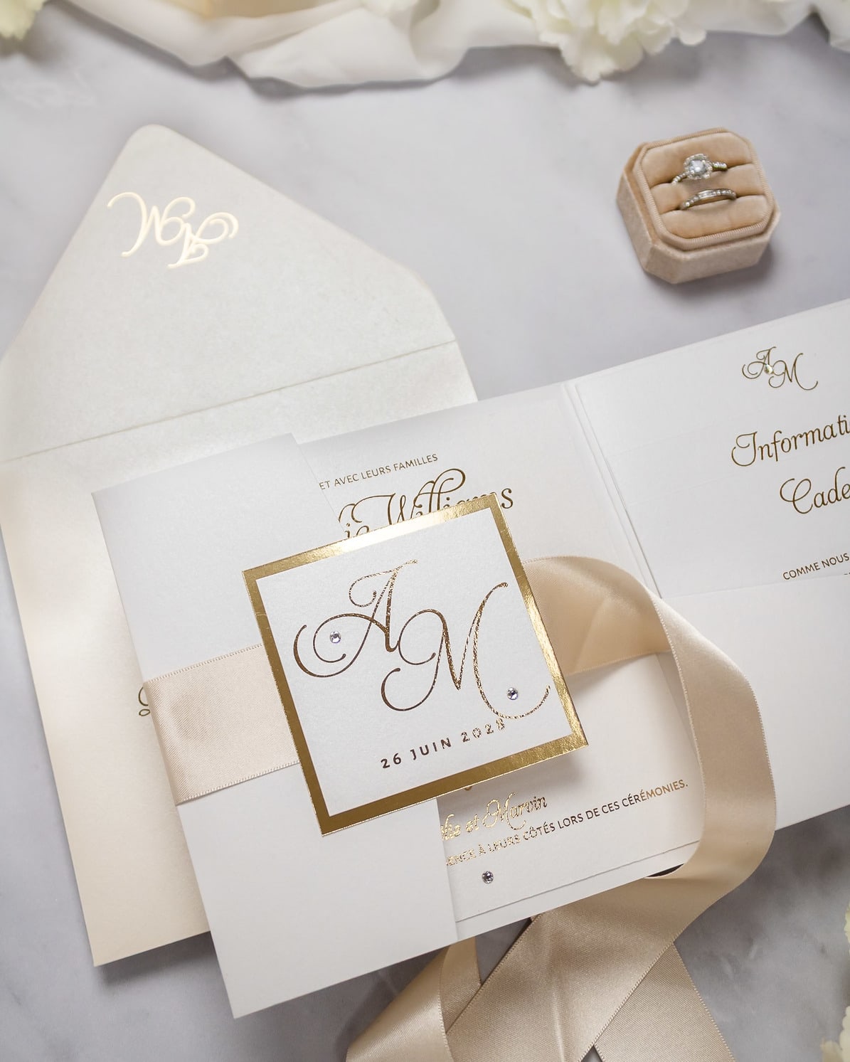 "Sarah" - Faire-part de mariage chic, élégant et romantique avec dorure or - Wedding stationery - Création Luxe Carterie Studio