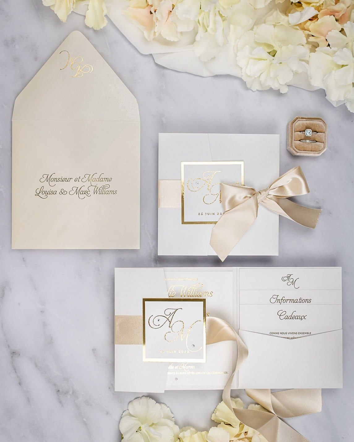 "Sarah" - Faire-part de mariage chic, élégant et romantique avec dorure or - Wedding stationery - Création Luxe Carterie Studio