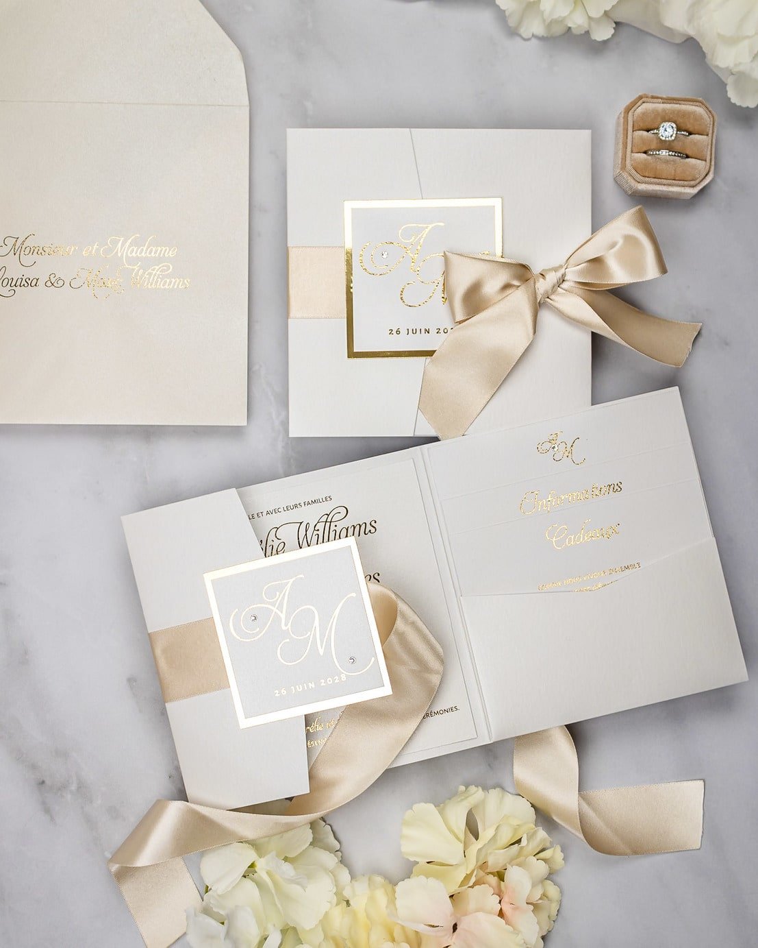 "Sarah" - Faire-part de mariage chic, élégant et romantique avec dorure or - Wedding stationery - Création Luxe Carterie Studio