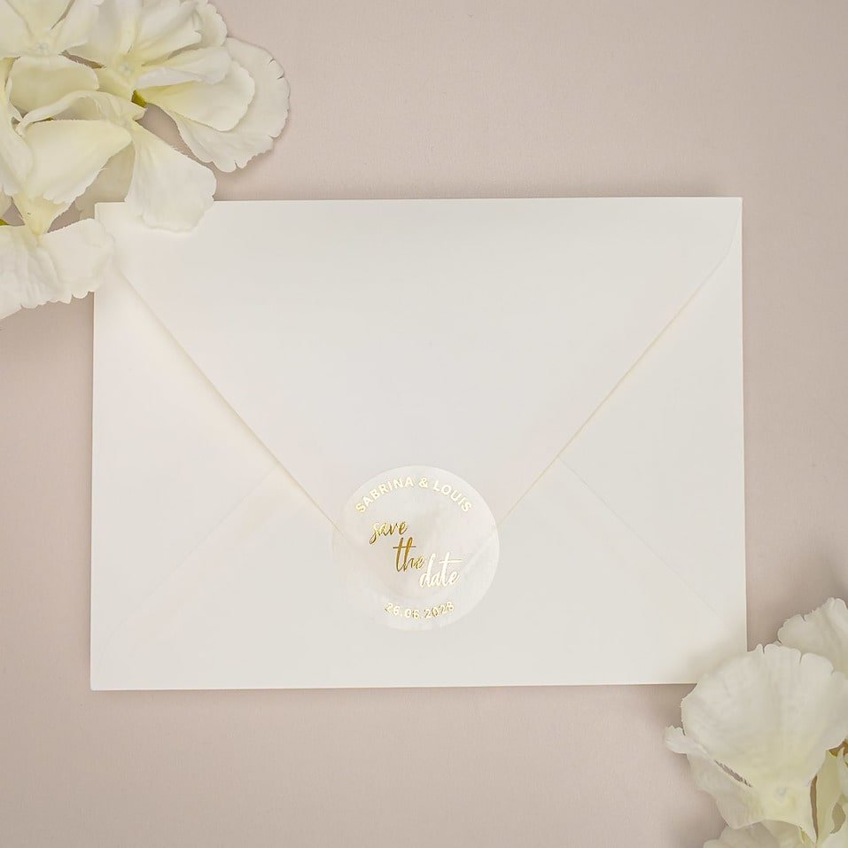 "Sticker - "Save the date"" – Sticker de mariage chic et élégant avec dorure or pour cadeaux d’invités – Papeterie de mariage - Wedding stationery - Création Luxe Carterie Studio