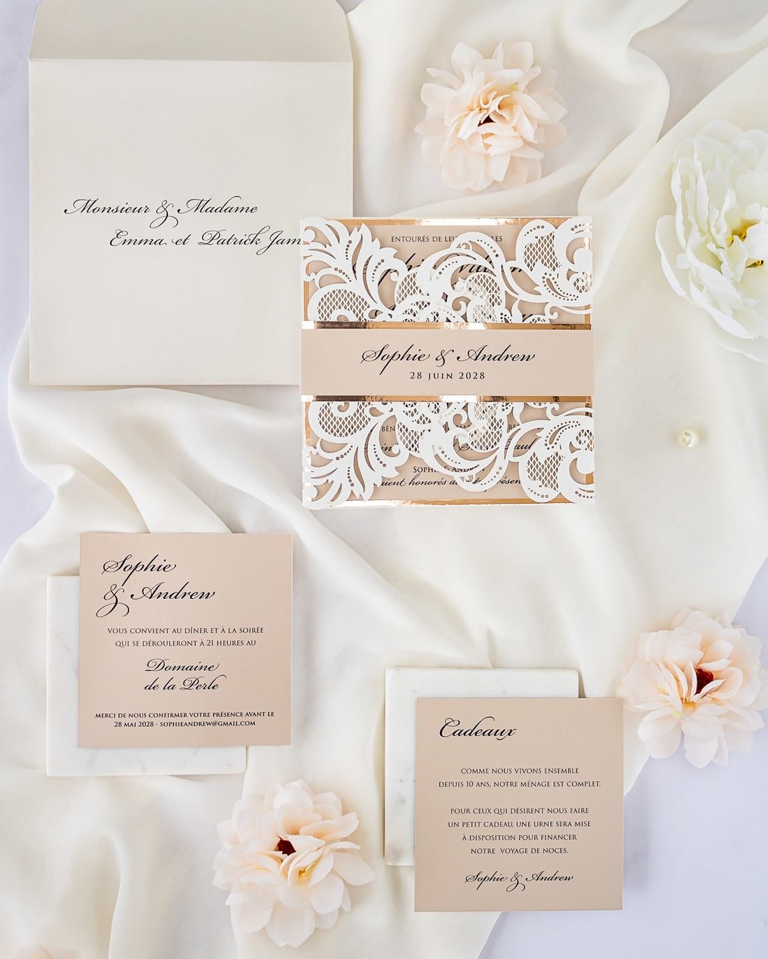 "Sweet" - Faire-part de mariage laser cut élégant et romantique avec dorure or - Wedding stationery - Création Luxe Carterie Studio