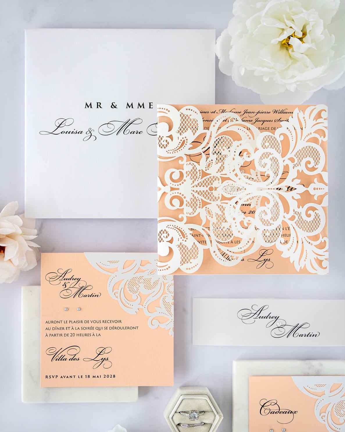 "Valentine" - Faire-part de mariage laser cut élégant et romantique avec dorure or - Wedding stationery - Création Luxe Carterie Studio