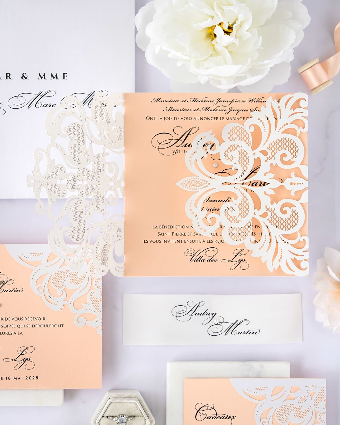 "Valentine" - Faire-part de mariage laser cut élégant et romantique avec dorure or - Wedding stationery - Création Luxe Carterie Studio