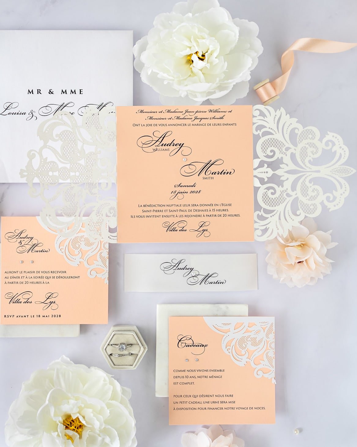"Valentine" - Faire-part de mariage laser cut élégant et romantique avec dorure or - Wedding stationery - Création Luxe Carterie Studio