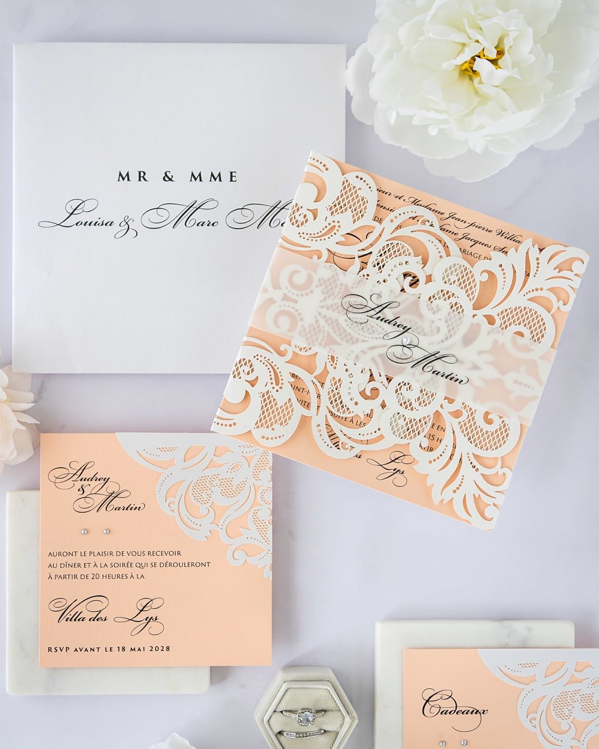 "Valentine" - Faire-part de mariage laser cut élégant et romantique avec dorure or - Wedding stationery - Création Luxe Carterie Studio