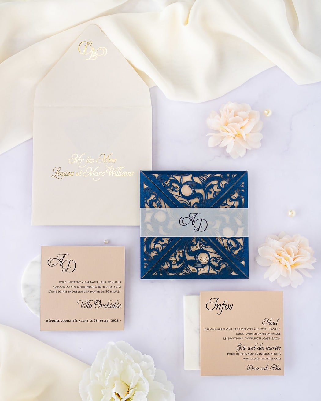 "Vanilla" - Faire-part de mariage laser cut élégant et romantique avec dorure or - Wedding stationery - Création Luxe Carterie Studio