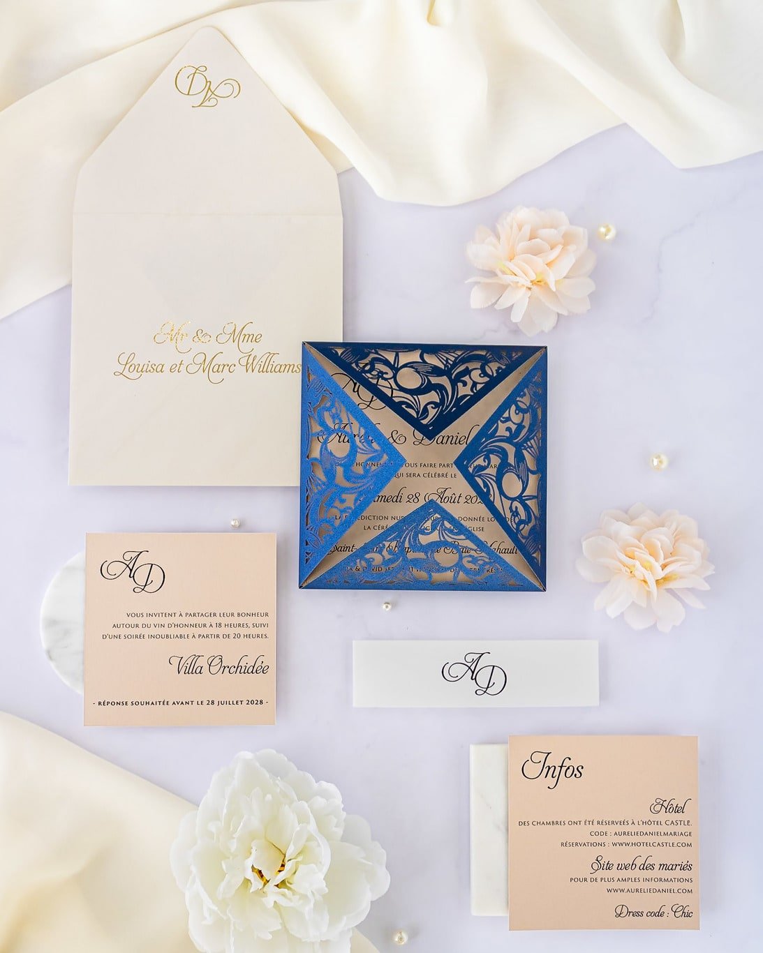 "Vanilla" - Faire-part de mariage laser cut élégant et romantique avec dorure or - Wedding stationery - Création Luxe Carterie Studio