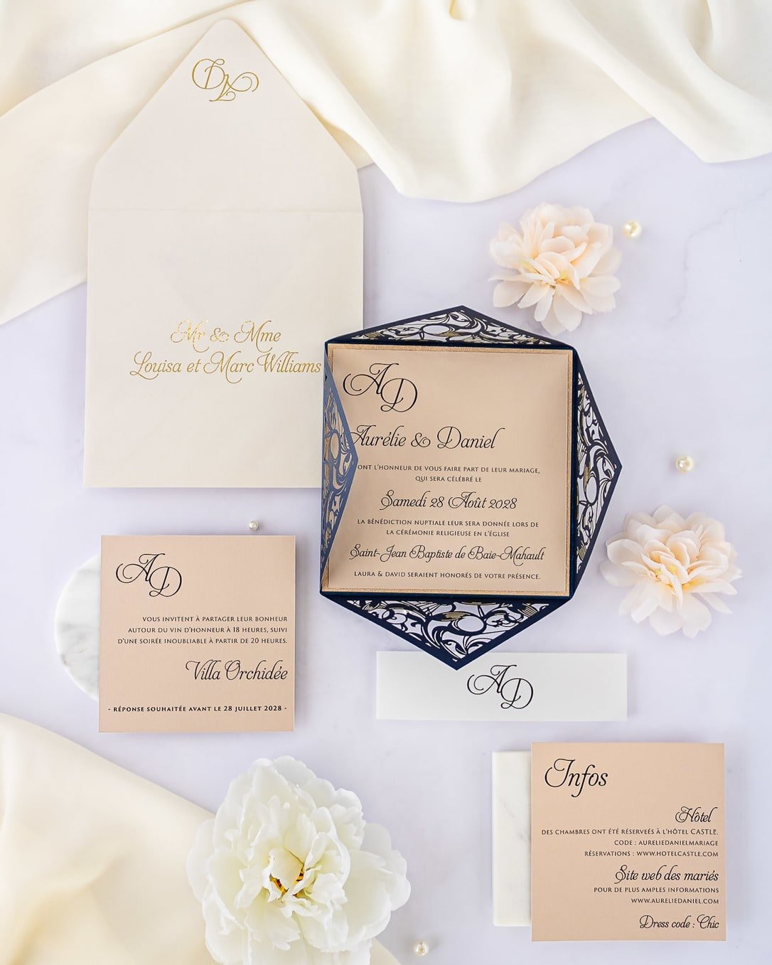 "Vanilla" - Faire-part de mariage laser cut élégant et romantique avec dorure or - Wedding stationery - Création Luxe Carterie Studio
