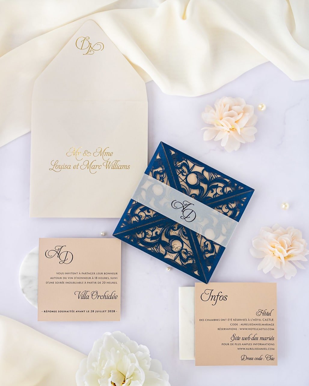 "Vanilla" - Faire-part de mariage laser cut élégant et romantique avec dorure or - Wedding stationery - Création Luxe Carterie Studio