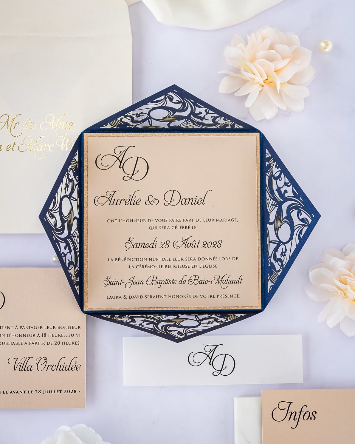 "Vanilla" - Faire-part de mariage laser cut élégant et romantique avec dorure or - Wedding stationery - Création Luxe Carterie Studio