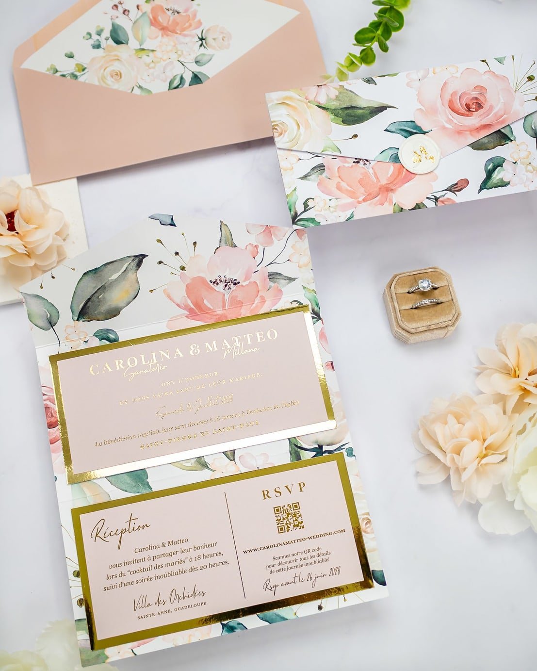 "Vany" - Faire-part de mariage fleuris élégant et romantique avec dorure or et wax seal – Wedding stationery - Création Luxe Carterie Studio
