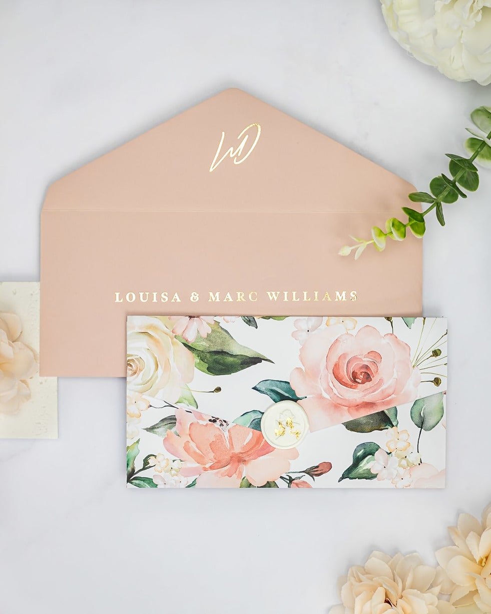 "Vany" - Faire-part de mariage fleuris élégant et romantique avec dorure or et wax seal – Wedding stationery - Création Luxe Carterie Studio