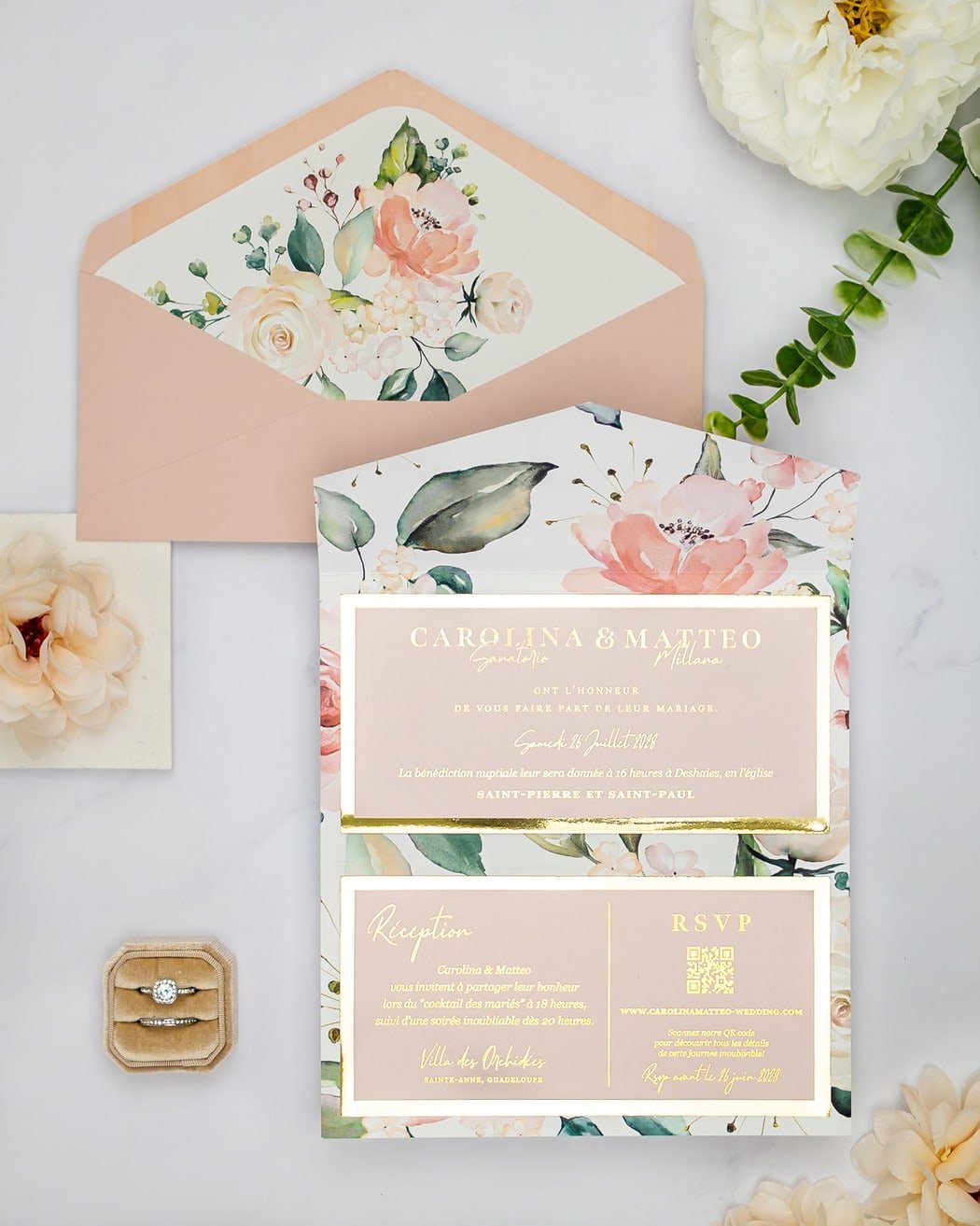 "Vany" - Faire-part de mariage fleuris élégant et romantique avec dorure or et wax seal – Wedding stationery - Création Luxe Carterie Studio