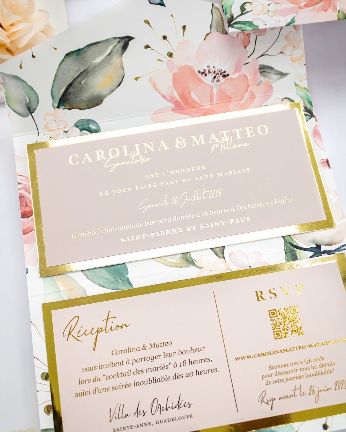 "Vany" - Faire-part de mariage fleuris élégant et romantique avec dorure or et wax seal – Wedding stationery - Création Luxe Carterie Studio