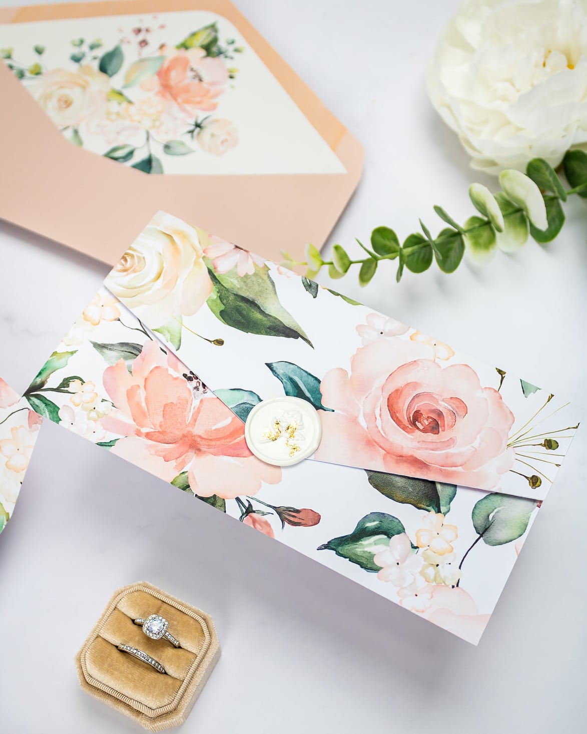 "Vany" - Faire-part de mariage fleuris élégant et romantique avec dorure or et wax seal – Wedding stationery - Création Luxe Carterie Studio