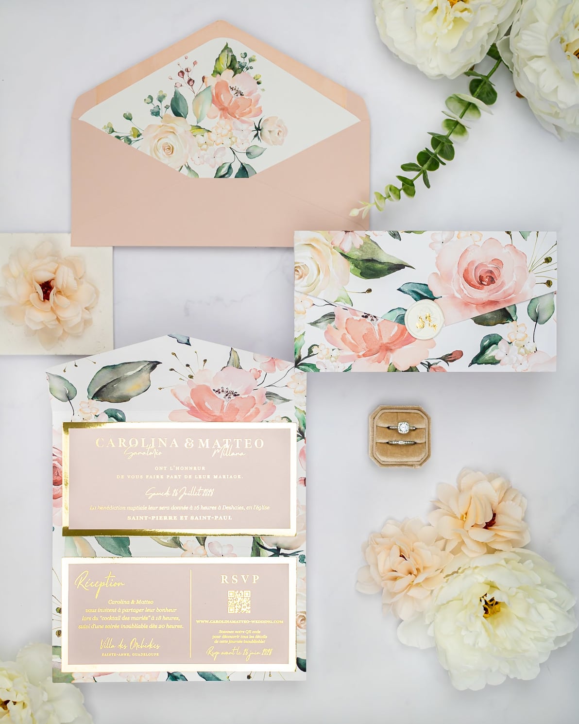 "Vany" - Faire-part de mariage fleuris élégant et romantique avec dorure or et wax seal – Wedding stationery - Création Luxe Carterie Studio
