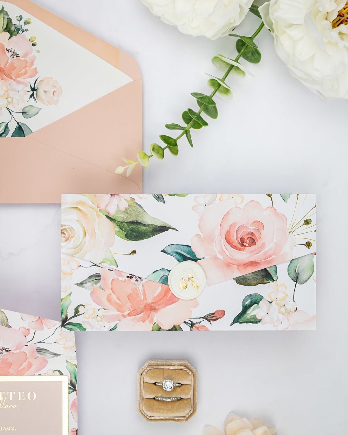 "Vany" - Faire-part de mariage fleuris élégant et romantique avec dorure or et wax seal – Wedding stationery - Création Luxe Carterie Studio