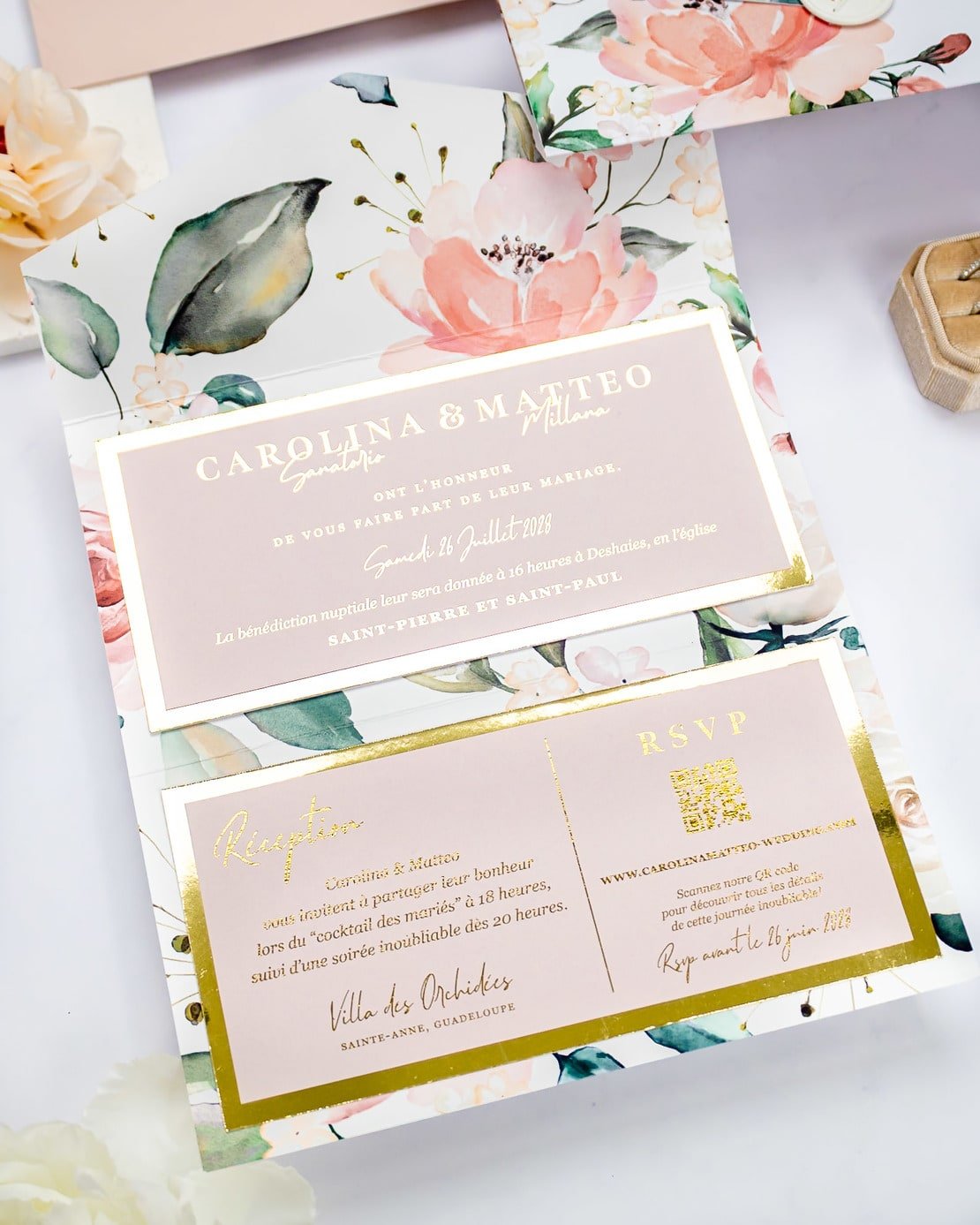 "Vany" - Faire-part de mariage fleuris élégant et romantique avec dorure or et wax seal – Wedding stationery - Création Luxe Carterie Studio