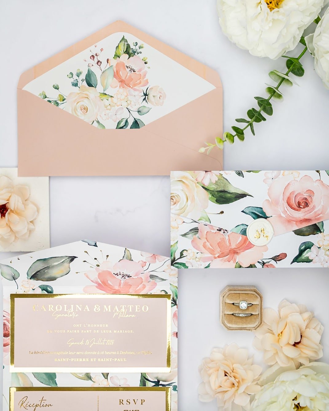 "Vany" - Faire-part de mariage fleuris élégant et romantique avec dorure or et wax seal – Wedding stationery - Création Luxe Carterie Studio