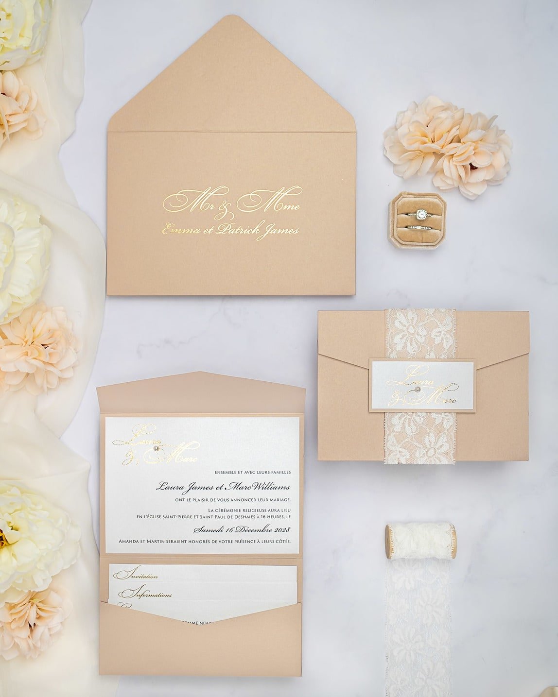 "Victoria" - Faire-part de mariage chic, élégant et romantique avec dorure or - Wedding stationery - Création Luxe Carterie Studio