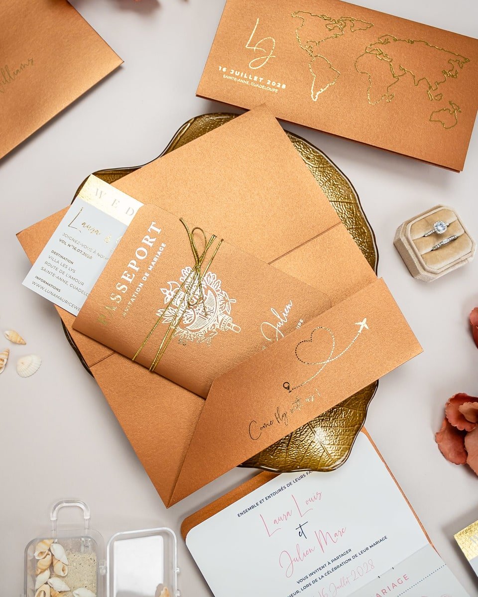 "Zéa - Passeport" - Faire-part de mariage passeport, wedding destination, chic, original et romantique avec dorure or - Création Luxe Carterie Studio