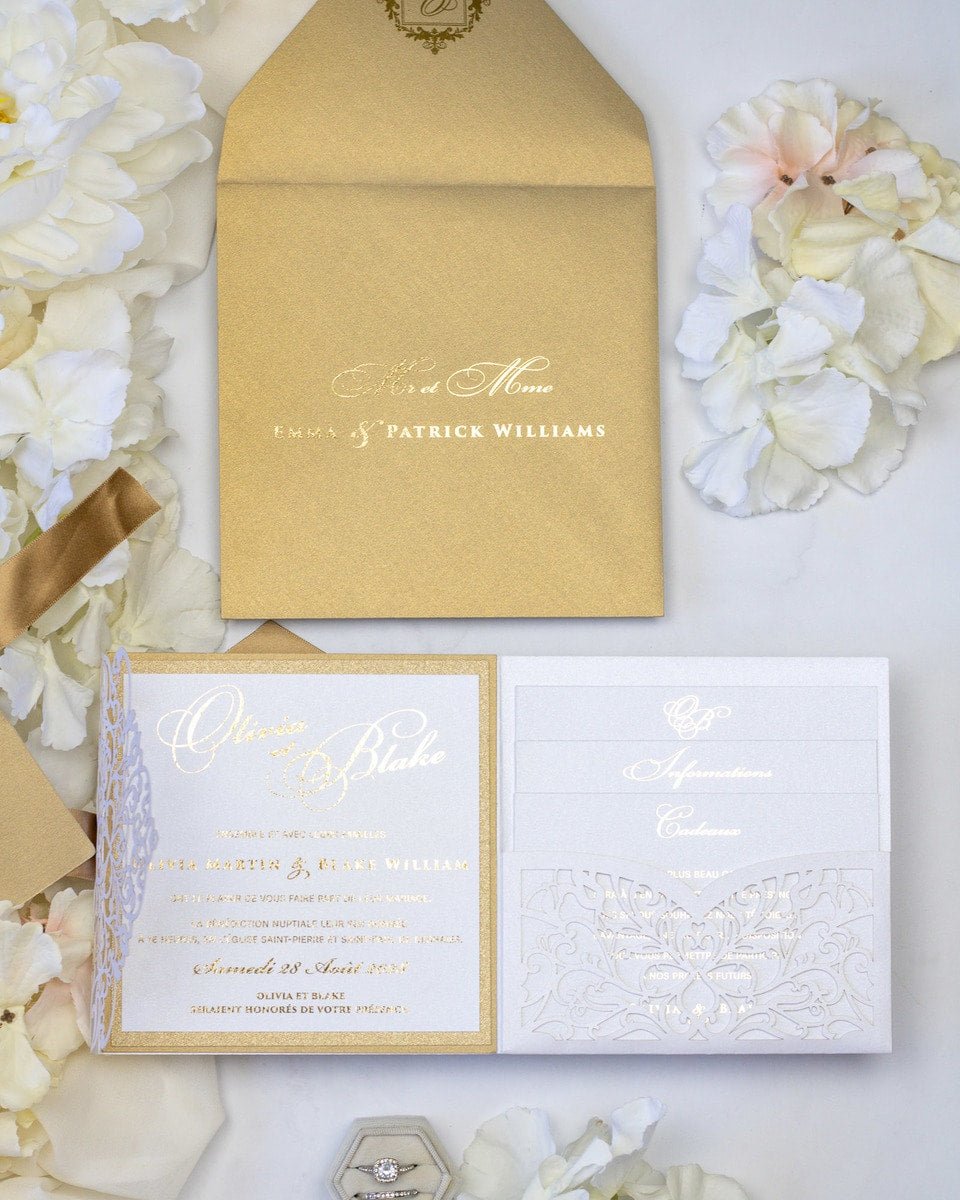 Alexia - Faire - part - Faire - part Pochette + 2 cartons (Invitation / Informations / RSVP / Programme ou autre) - Sans enveloppe - Luxe Carterie Studio