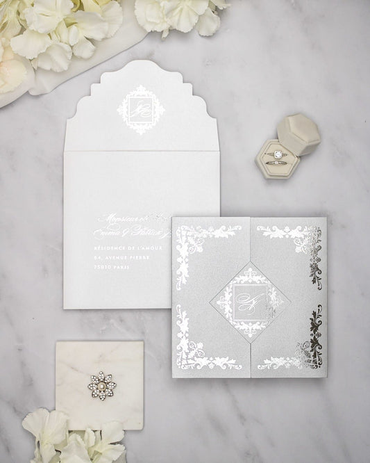 "Amber" - Faire-part de mariage luxueux, chic et élégant avec dorure argent – Wedding stationery - Création Luxe Carterie Studio