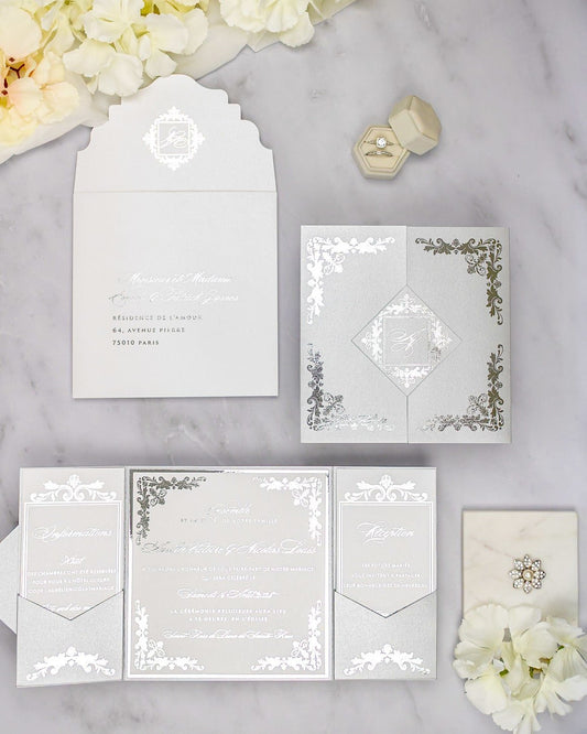 "Amber" - Faire-part de mariage luxueux, chic et élégant avec dorure argent – Wedding stationery - Création Luxe Carterie Studio