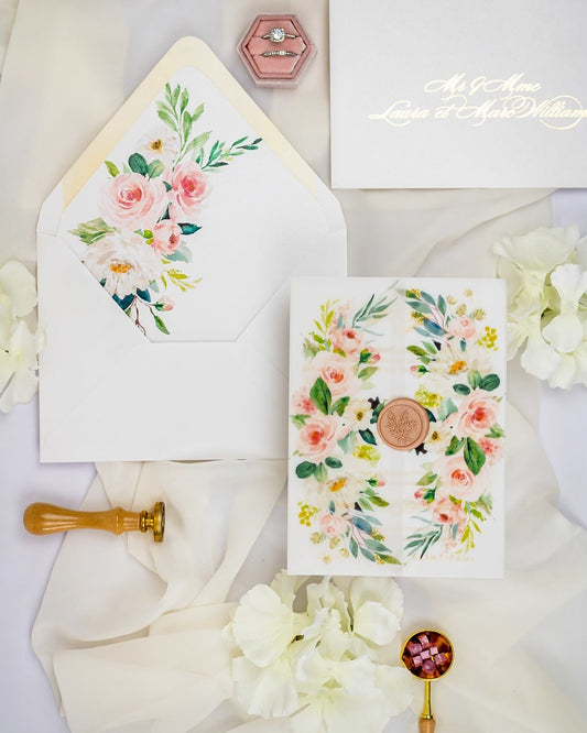 "Anémone" - Faire-part de mariage fleuris élégant et romantique avec dorure or et wax seal – Wedding stationery - Création Luxe Carterie Studio