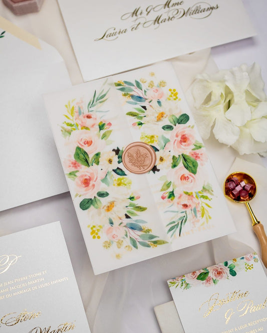 "Anémone" - Faire-part de mariage fleuris élégant et romantique avec dorure or et wax seal – Wedding stationery - Création Luxe Carterie Studio